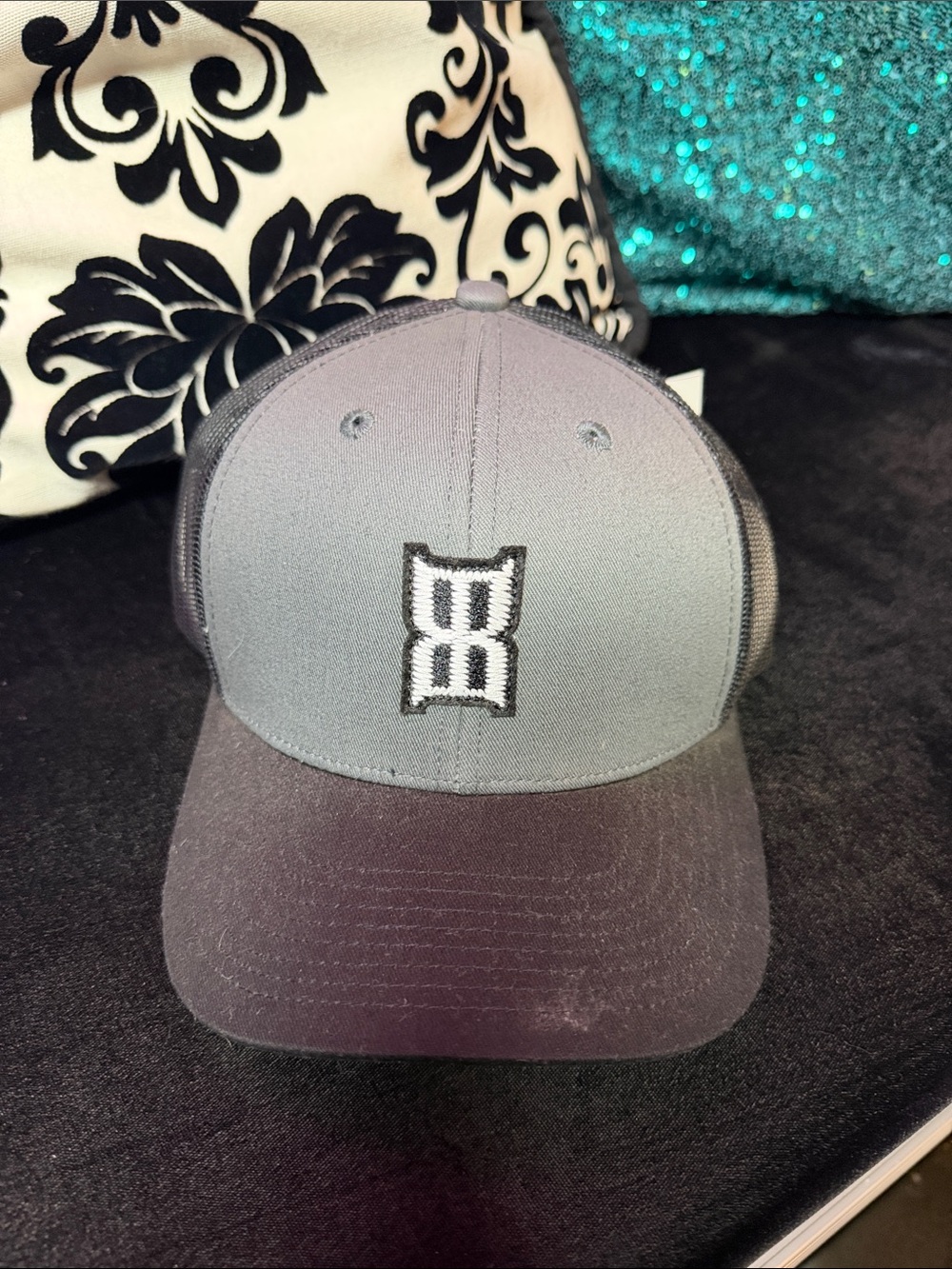 Men's Gray and Black Mesh Trucker Cap with Embroidered Logo